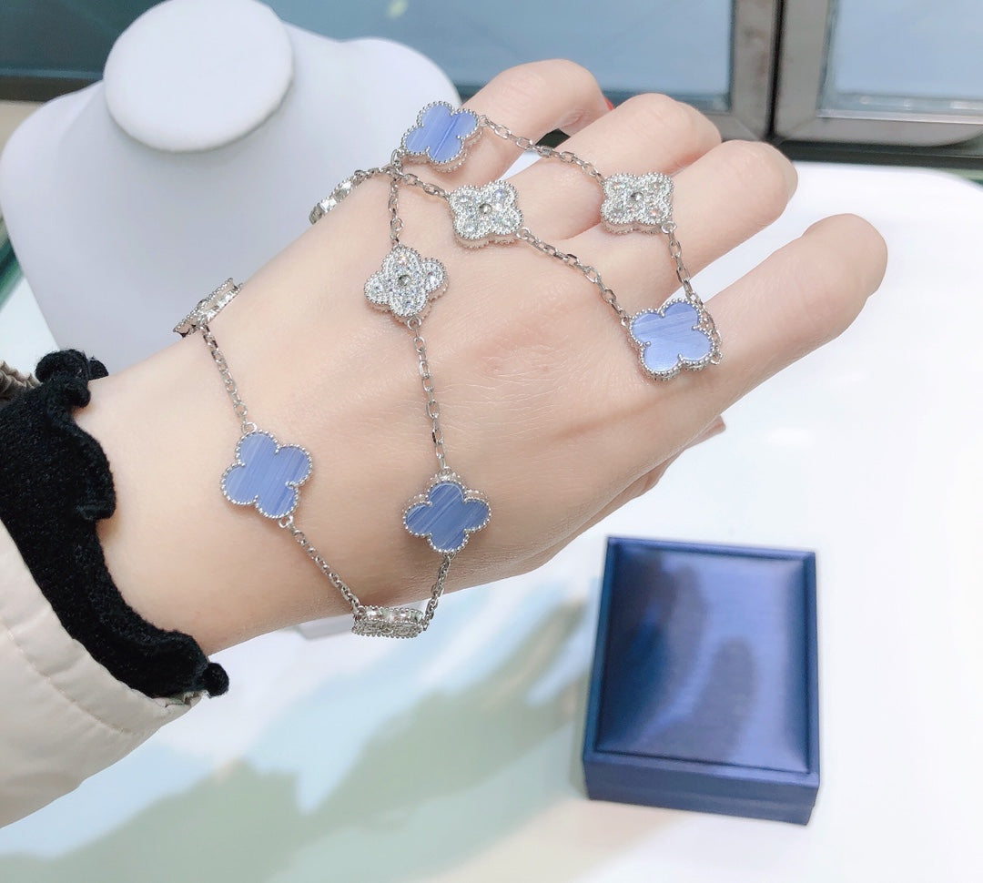 [Vicky]CLOVER 10 MOTIFS CHALCEDONY DIAMONDS SILVER NECKLACE
