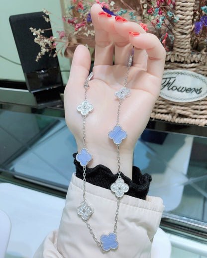 [Vicky]CLOVER 10 MOTIFS CHALCEDONY DIAMONDS SILVER NECKLACE
