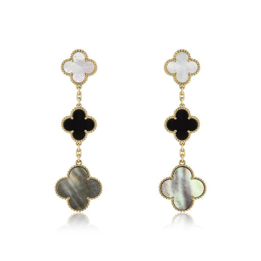 [Vicky]CLOVER EARRINGS GOLD ONYX MOP 3 MOTIF